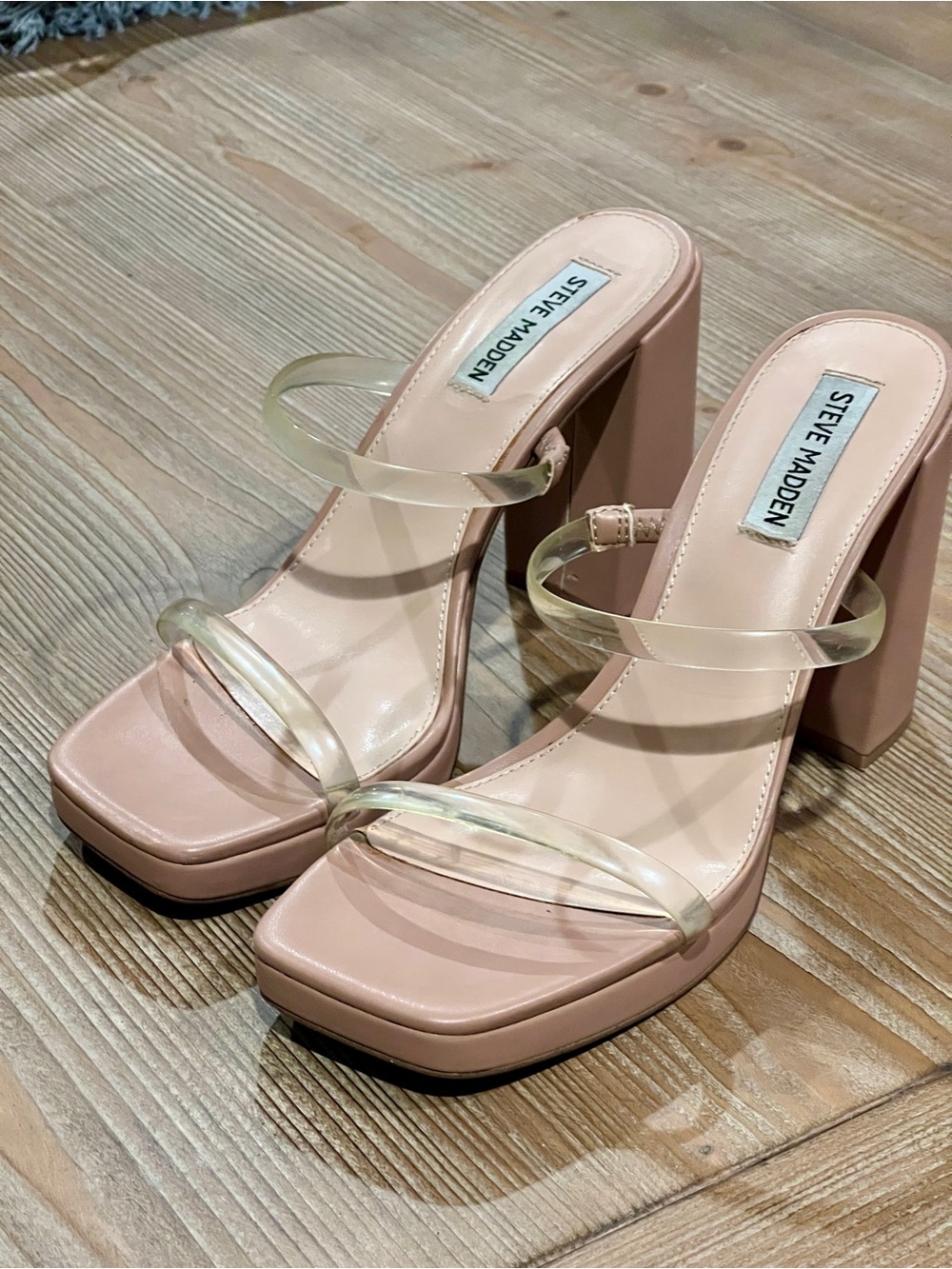 Steve Madden Nude Clear Strap Platform Block Heel Mules - Size 9 (Camala)